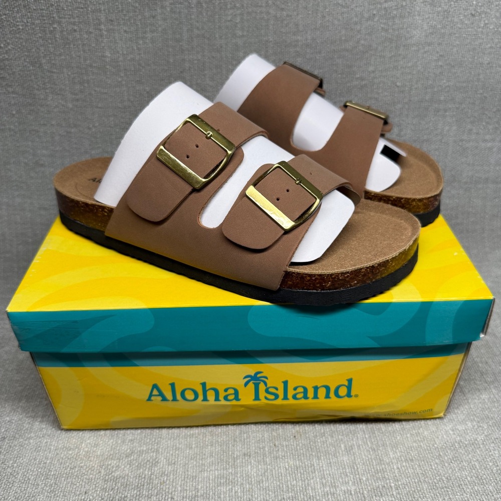 Aloha Island Esther Taupe Brown Double Buckle Slide Sandals Size 6 New